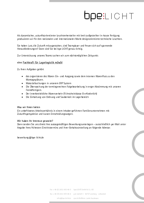 PDF Stellenanzeige Fachkraft für Lagerlogistik